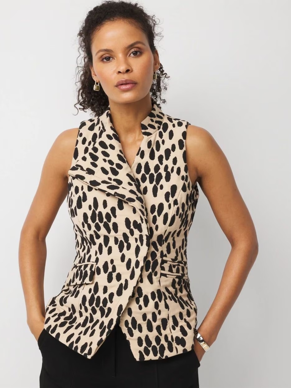 Sleeveless Leopard Asymmetrical Vest - Beige/Black